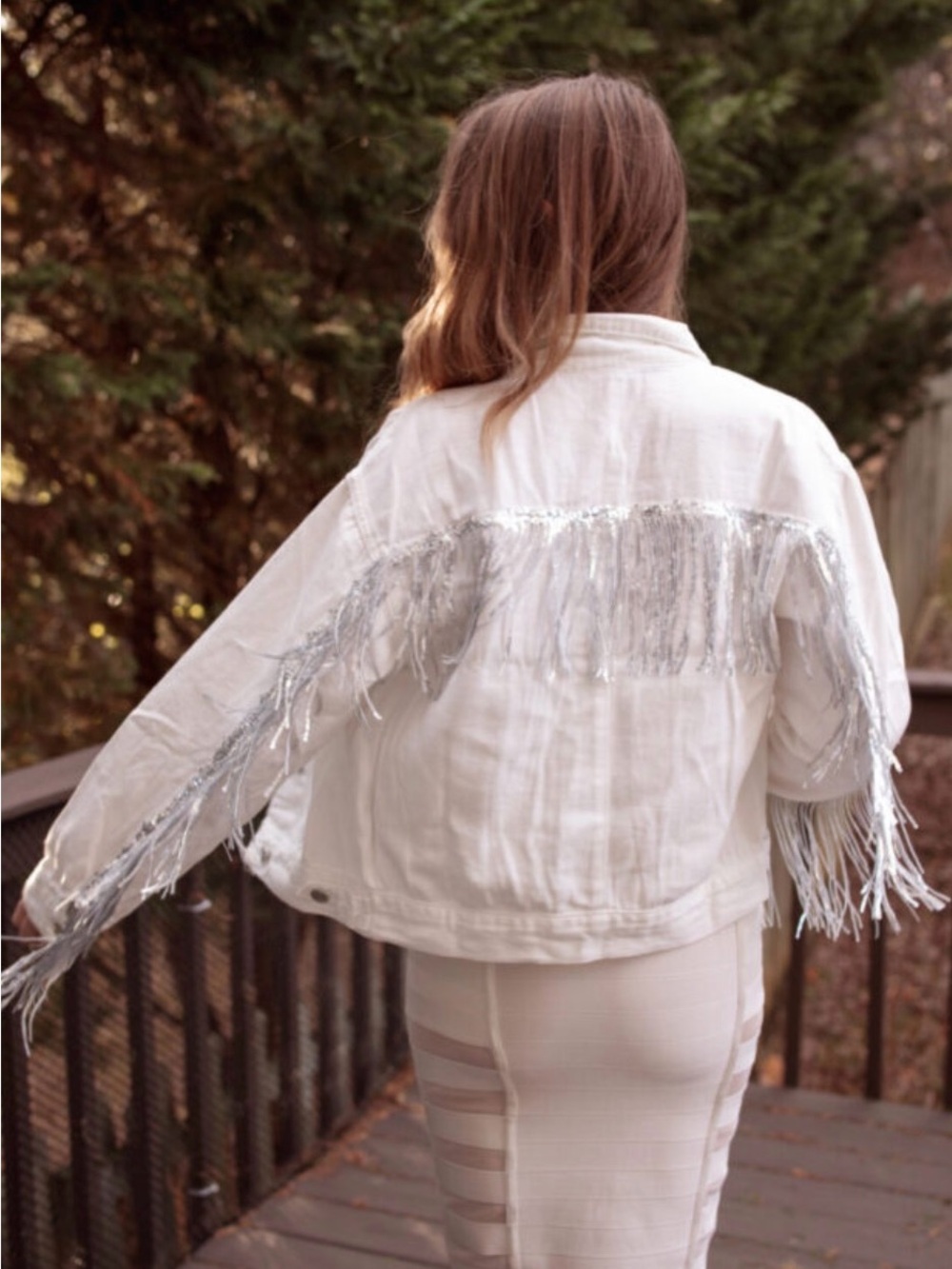Sequin Fringe White Denim Jacket - Picture 5 of 12